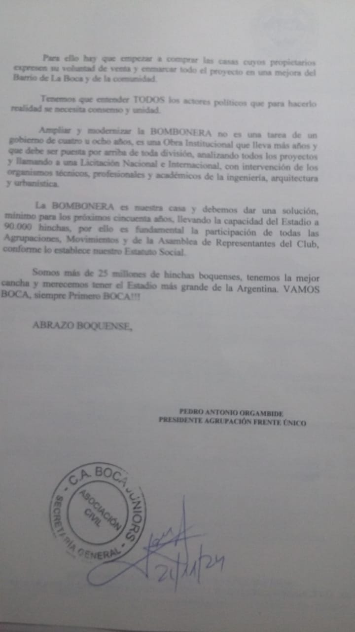 Carta presentada a la Comisión Directiva — versión Frente Único.