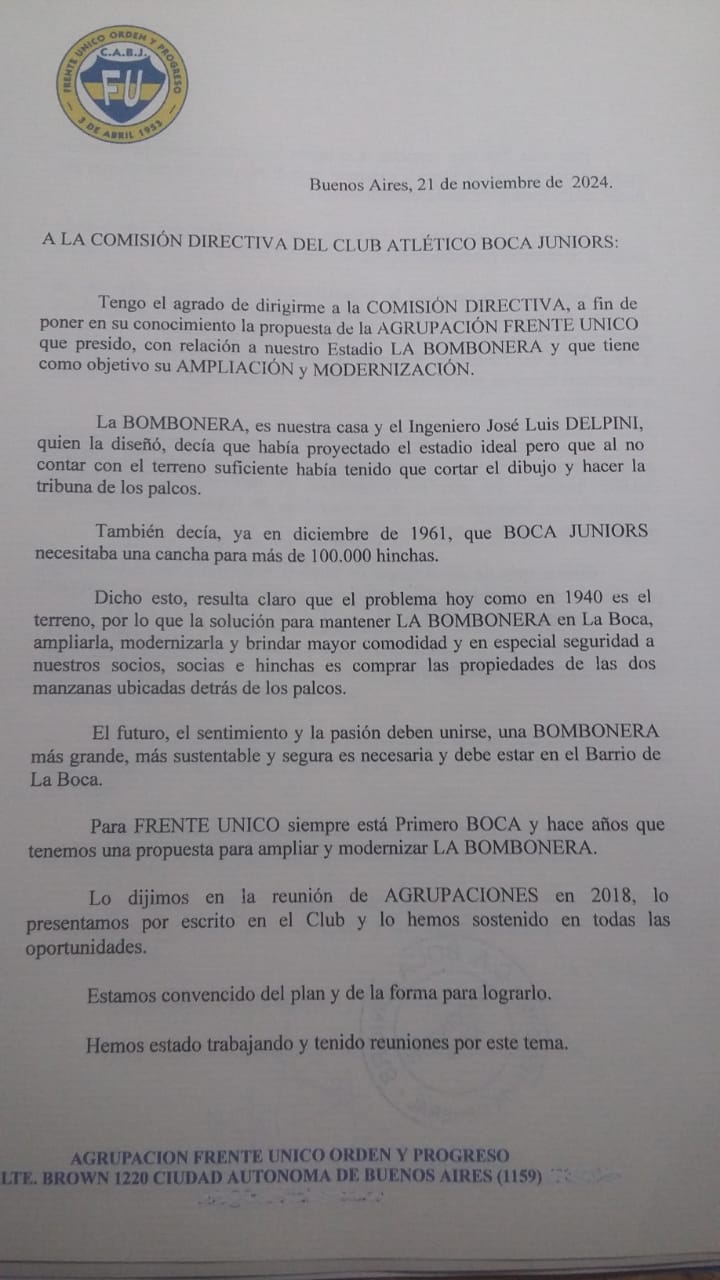 Carta presentada a la Comisión Directiva — página 1.